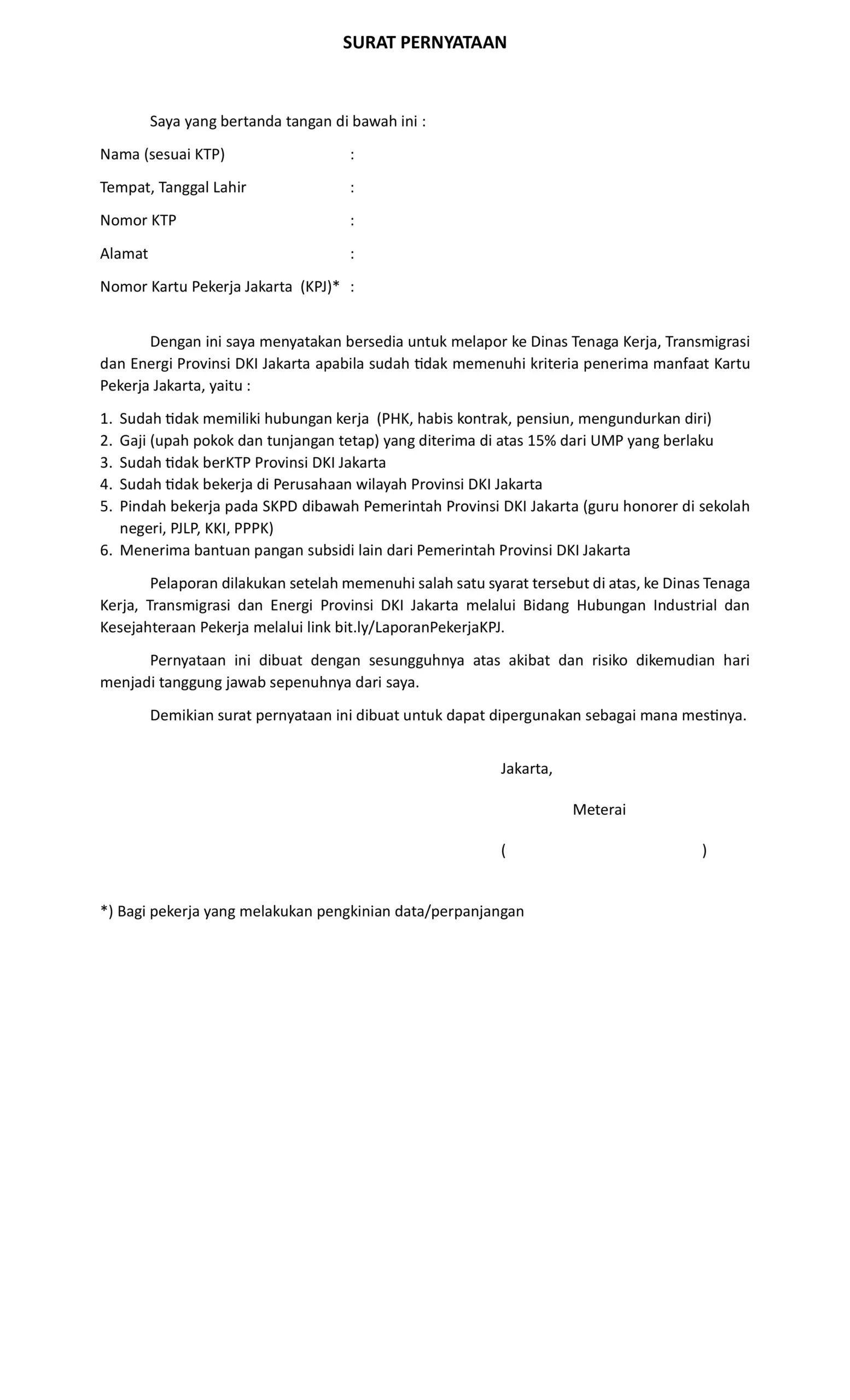 Surat Pernyataan Kartu Pekerja Jakarta: Panduan untuk Pengajuan KPJ 2 Contoh Surat Pernyataan Kartu Pekerja Jakarta