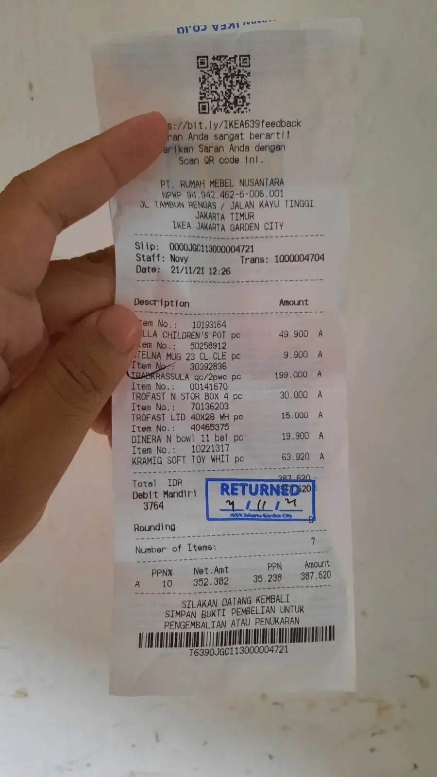 Pengalaman Pengembalian Produk IKEA - Struk Pengembalian Produk IKEA Jakarta Garden City