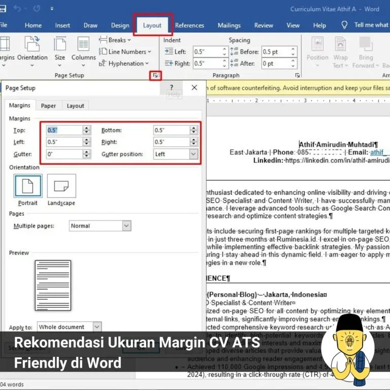 Rekomendasi Ukuran Margin CV ATS Friendly di Word