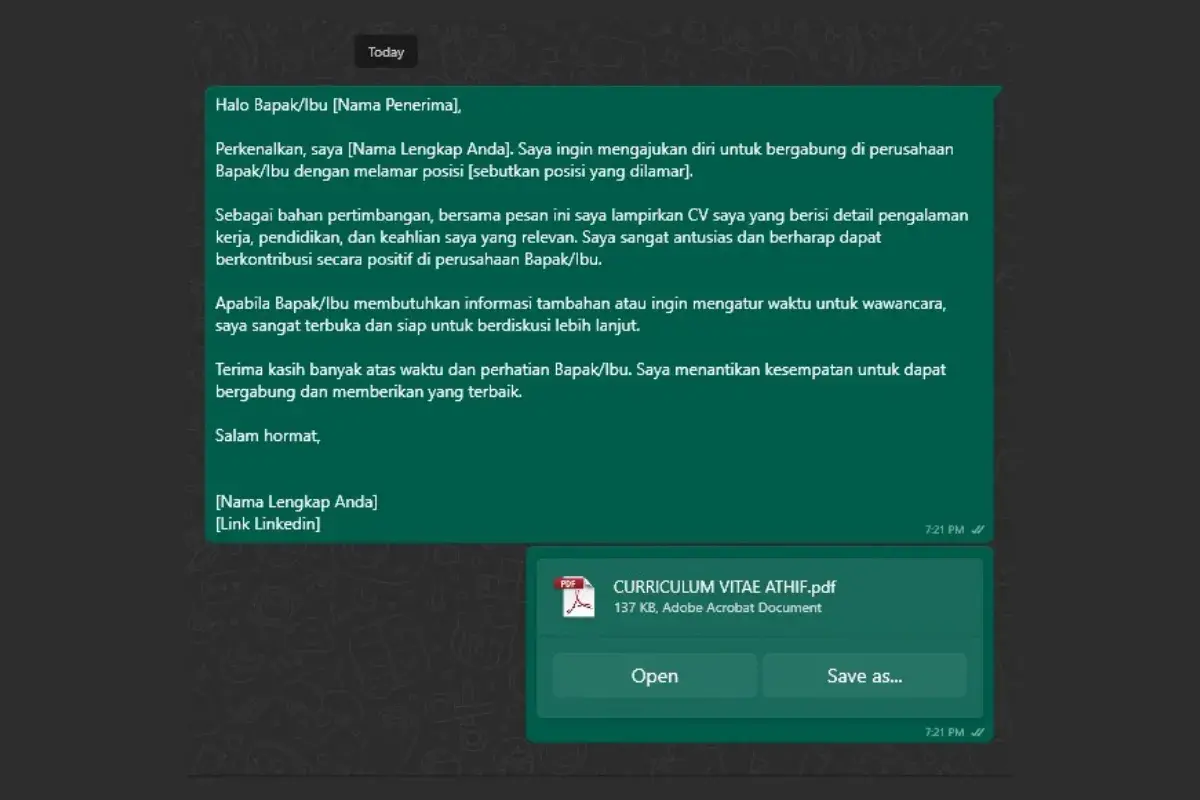 Contoh Chat Kirim CV di WA