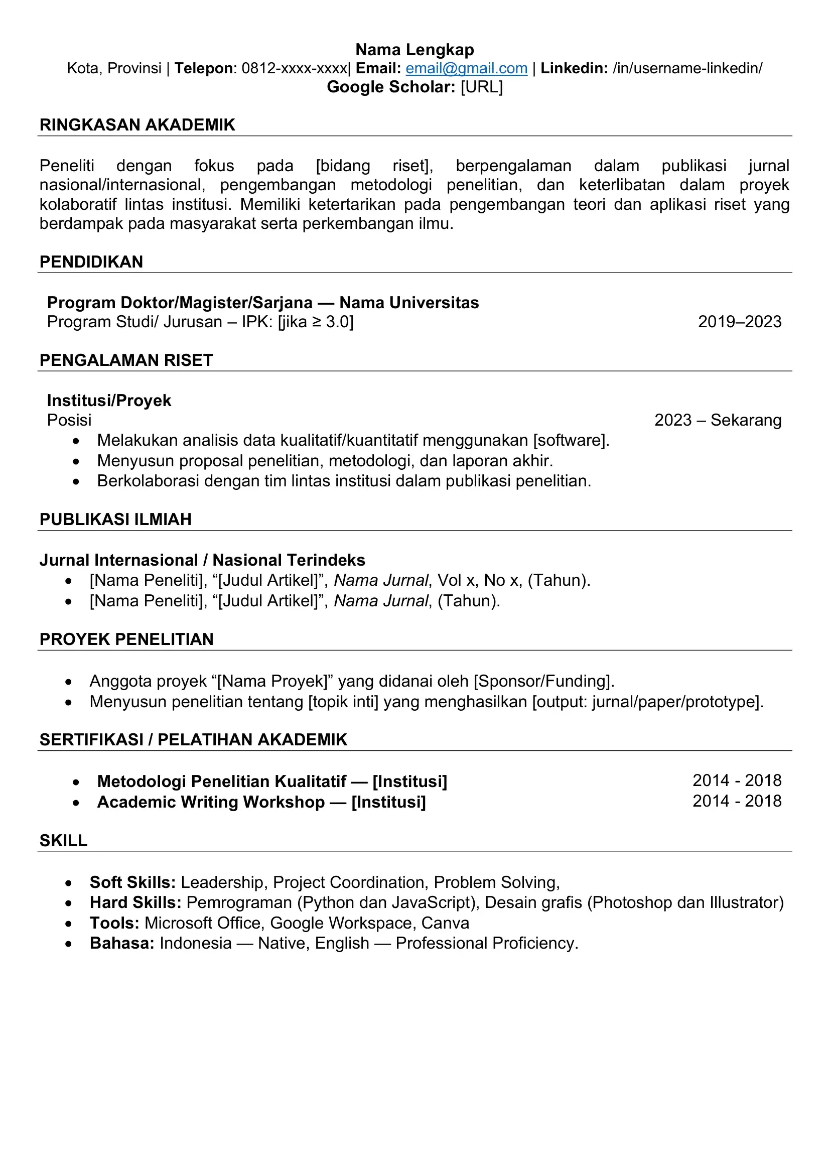 Download Template Curriculum Vitae ATS Friendly Akademik/ Riset