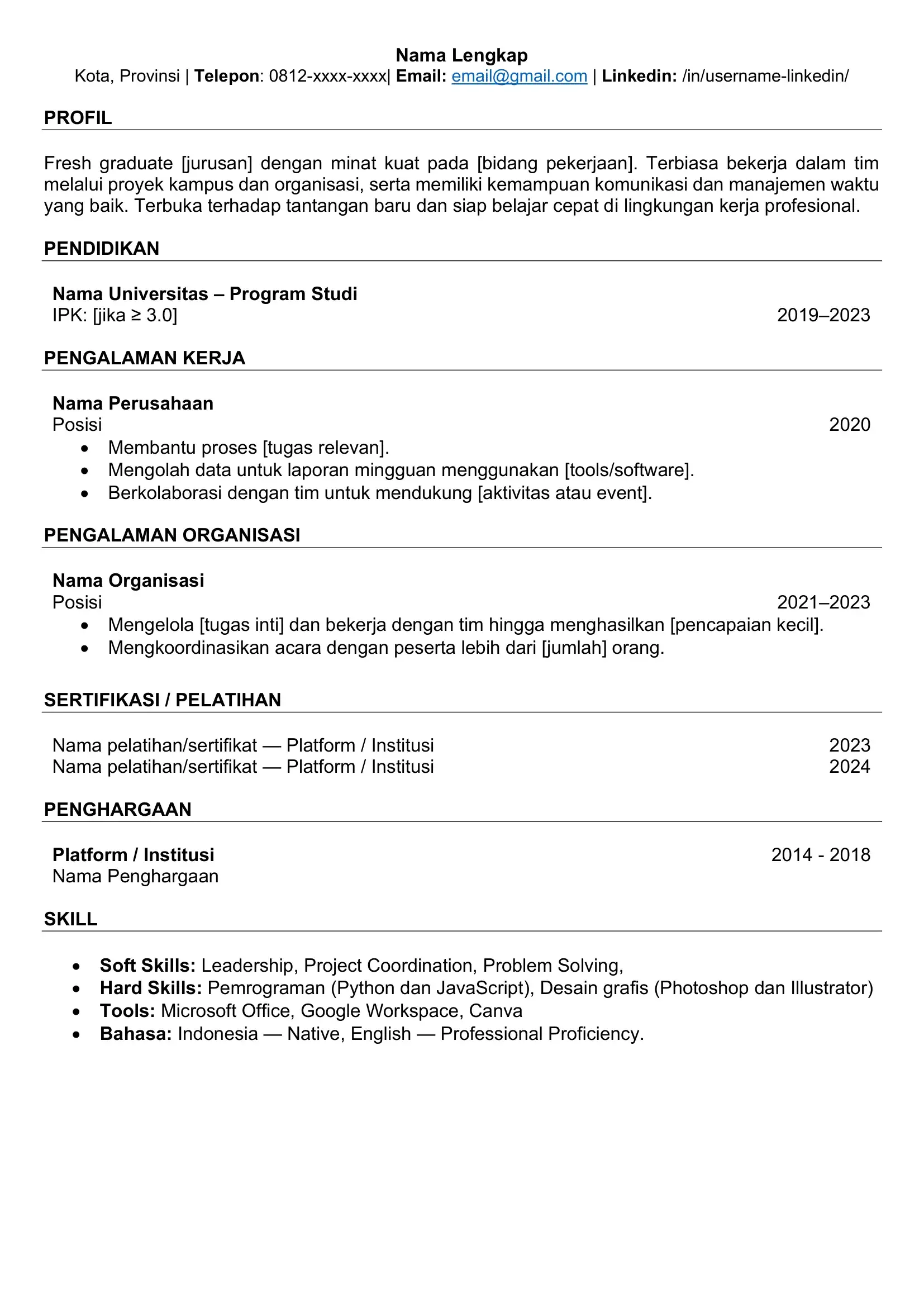 Download Template Curriculum Vitae ATS Friendly Fresh Graduate