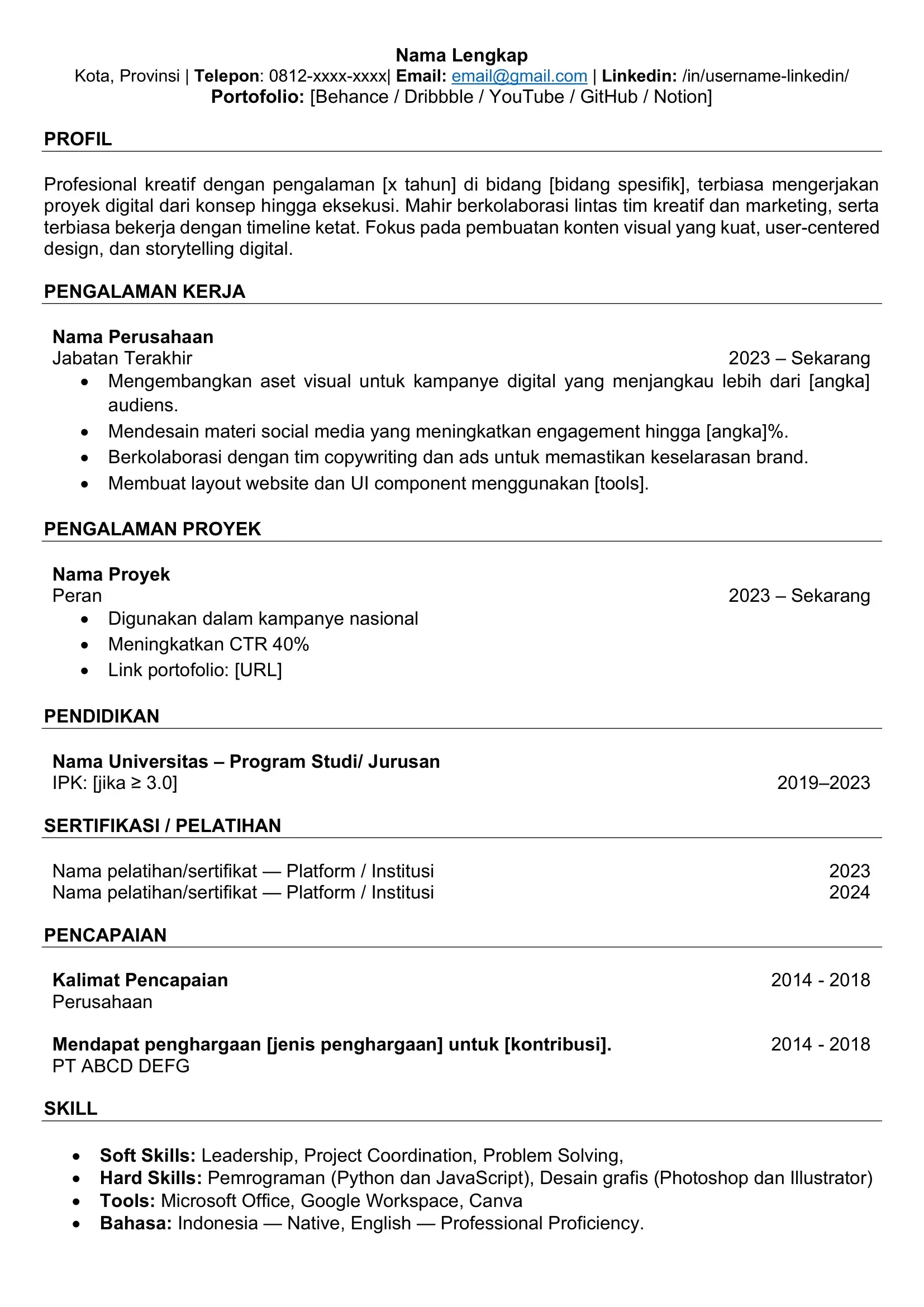 Download Template Curriculum Vitae ATS Friendly Kreatif/ Digital