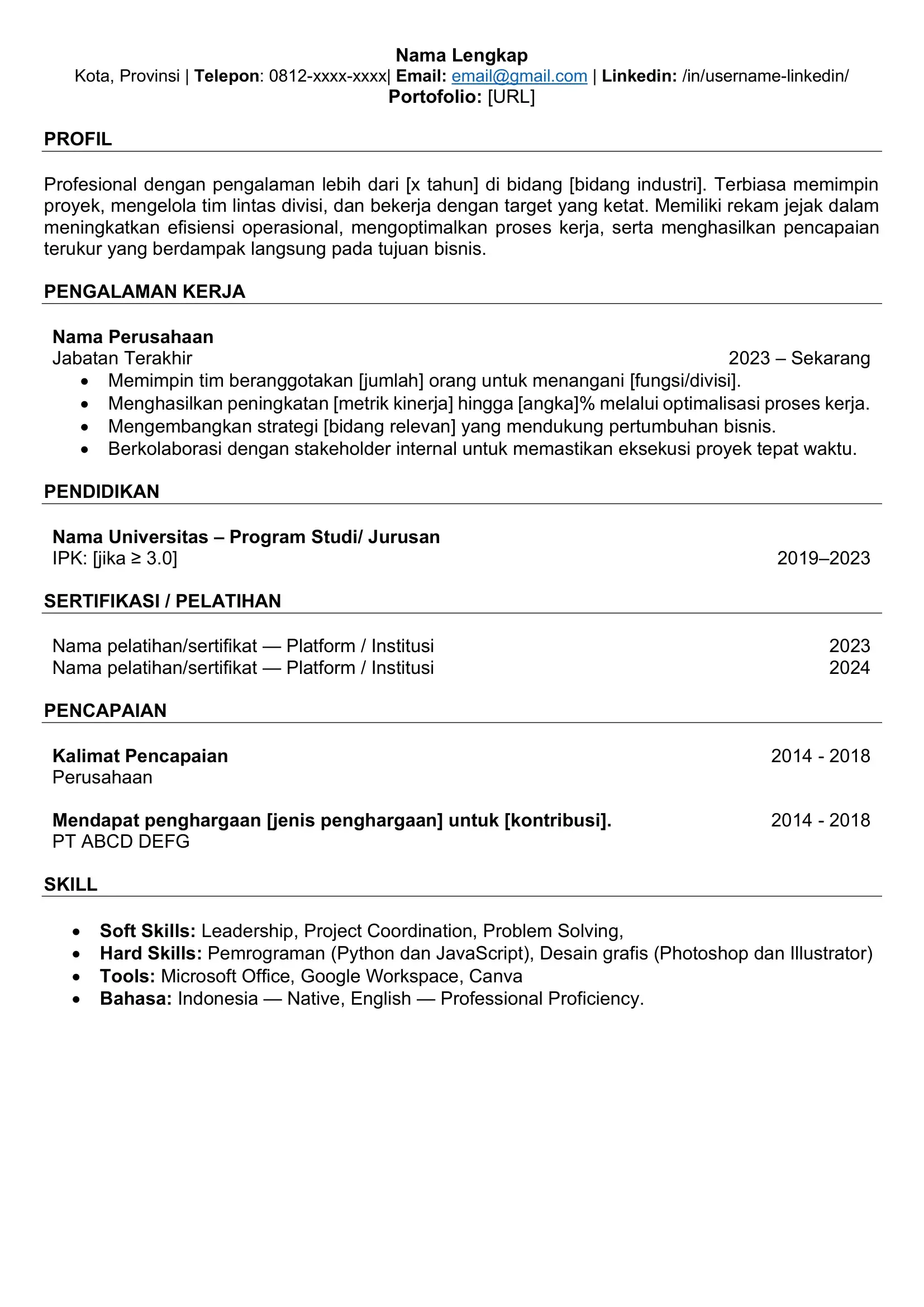 Download Template Curriculum Vitae ATS Friendly Profesional Berpengalaman
