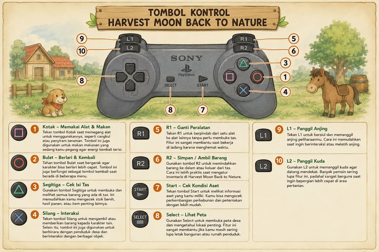 Tombol kontrol Harvest Moon Back To Nature